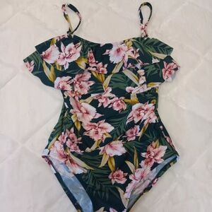 Kona Sol green pink floral pattern one piece with ruffle top swimsuit